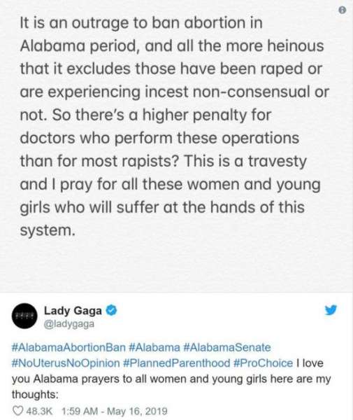 Lady Gaga反对美国亚拉巴马州反堕胎法案